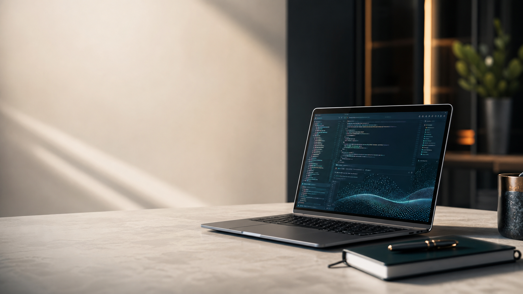 Modern consulting workspace with a laptop and subtle software interface
